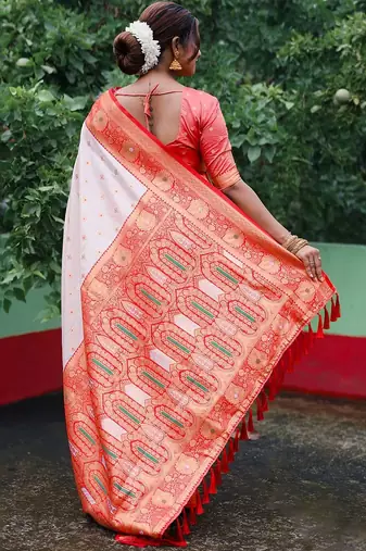 White woven design zari silk blend baluchari saree