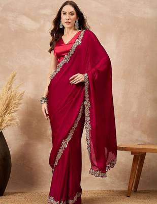 Maroon embellished embroidered saree with cut work border 1