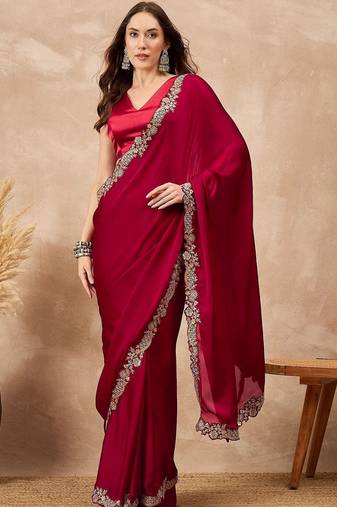 Maroon embellished embroidered saree with cut work border