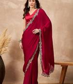 Maroon embellished embroidered saree with cut work border
