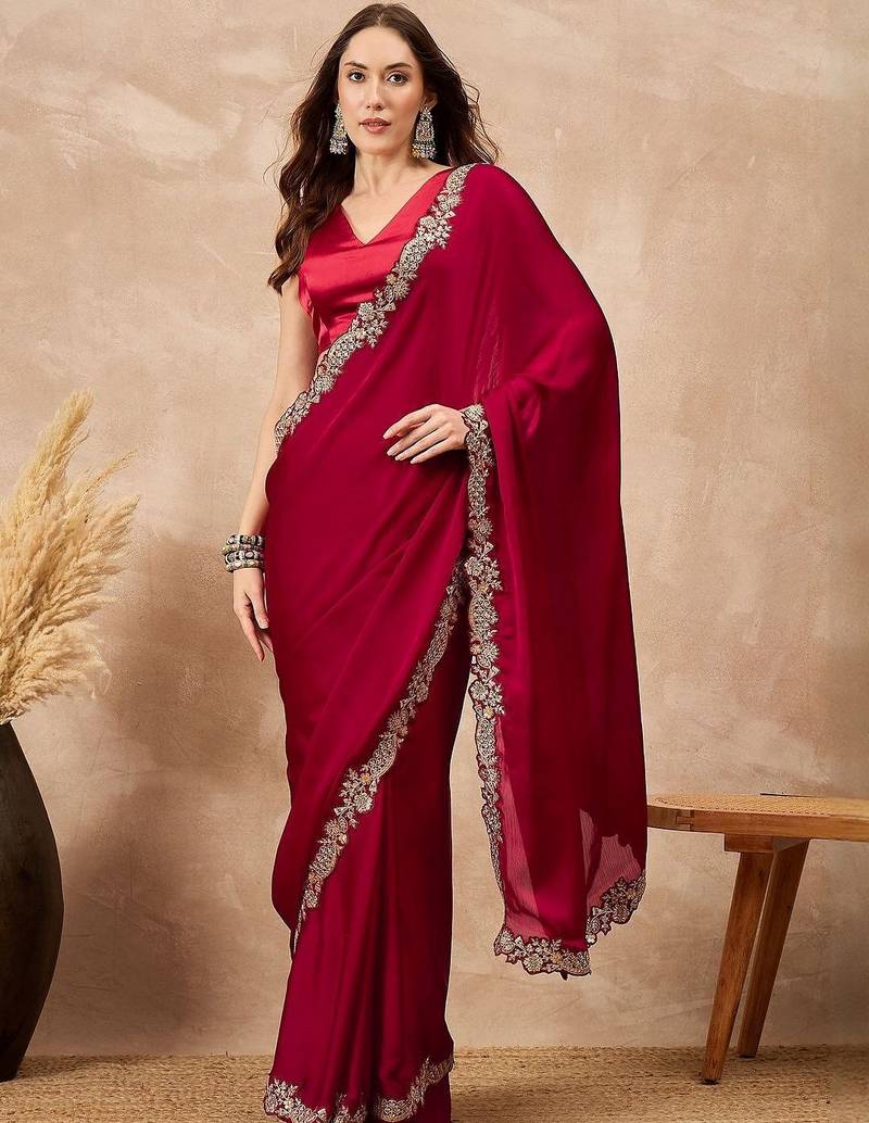 Maroon embellished embroidered saree with cut work border