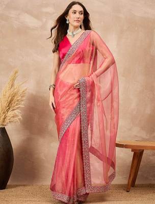 Pink mukaish organza saree with embellished border 1