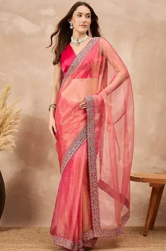Pink mukaish organza saree with embellished border
