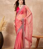 Pink mukaish organza saree with embellished border