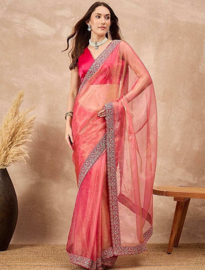 Pink mukaish organza saree with embellished border