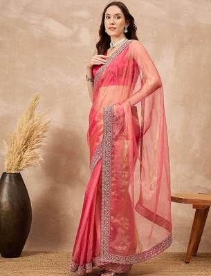 Pink mukaish organza saree with embellished border 2