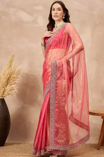 Pink mukaish organza saree with embellished border