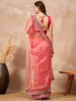 Pink mukaish organza saree with embellished border 3