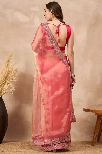 Pink mukaish organza saree with embellished border