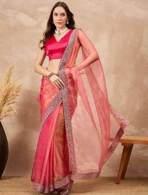Pink mukaish organza saree with embellished border 4