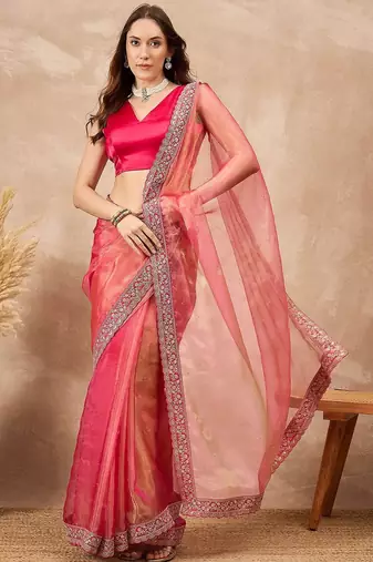 Pink mukaish organza saree with embellished border