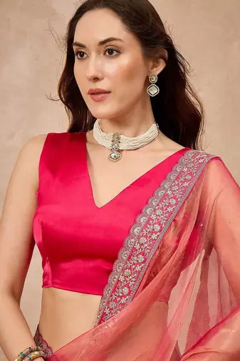 Pink mukaish organza saree with embellished border