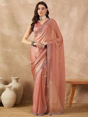 Peach beads and stones  chiffon designer saree 1
