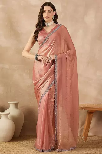 Peach beads and stones  chiffon designer saree