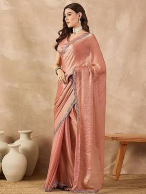 Peach beads and stones  chiffon designer saree 4