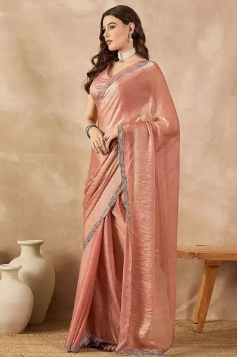 Peach beads and stones  chiffon designer saree
