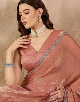 Peach beads and stones  chiffon designer saree 5