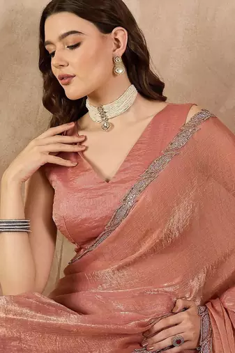 Peach beads and stones  chiffon designer saree