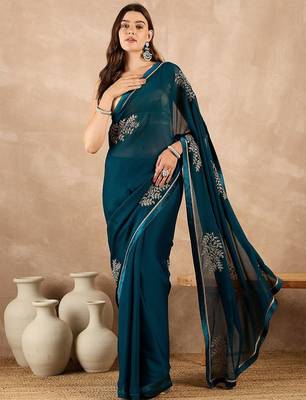 Teal floral embroidered  chiffon saree 1