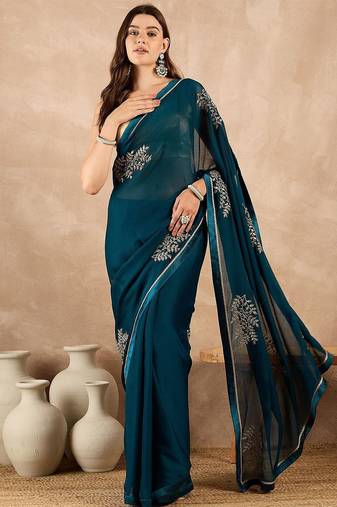 Teal floral embroidered  chiffon saree