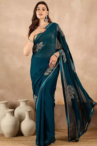 Teal floral embroidered  chiffon saree