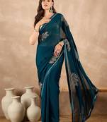 Teal floral embroidered  chiffon saree