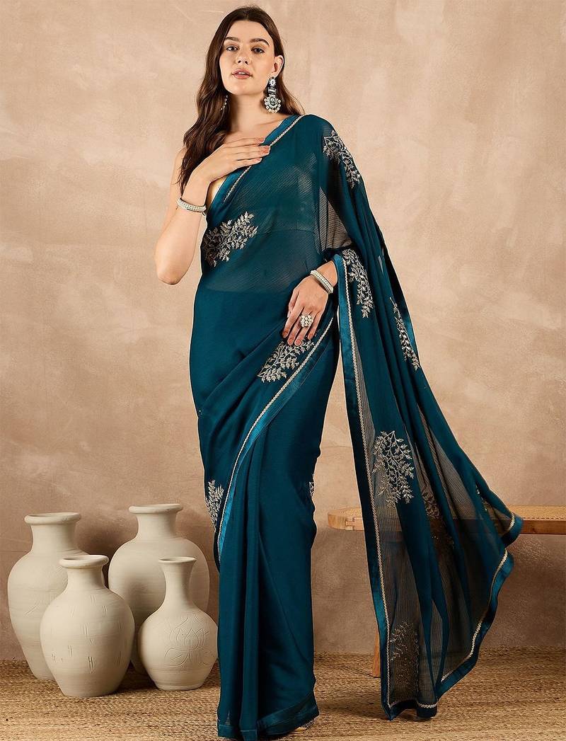 Teal floral embroidered  chiffon saree