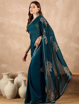 Teal floral embroidered  chiffon saree 2