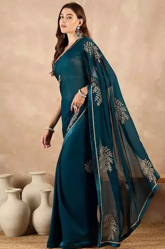 Teal floral embroidered  chiffon saree