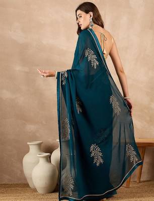 Teal floral embroidered  chiffon saree 3