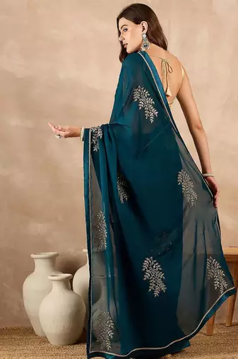 Teal floral embroidered  chiffon saree