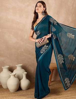 Teal floral embroidered  chiffon saree 4