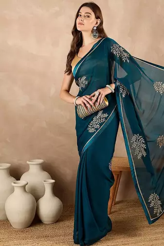 Teal floral embroidered  chiffon saree