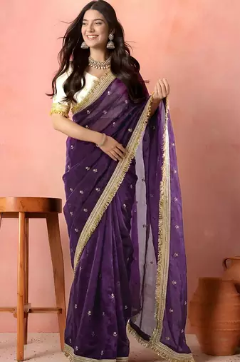 Purple embellished embroidered tissue saree
