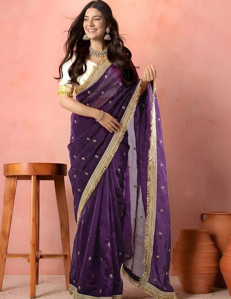 Purple embellished embroidered tissue saree