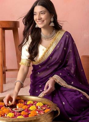 Purple embellished embroidered tissue saree 2
