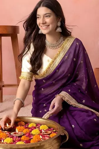 Purple embellished embroidered tissue saree