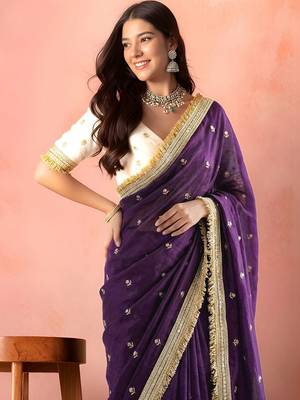 Purple embellished embroidered tissue saree 3