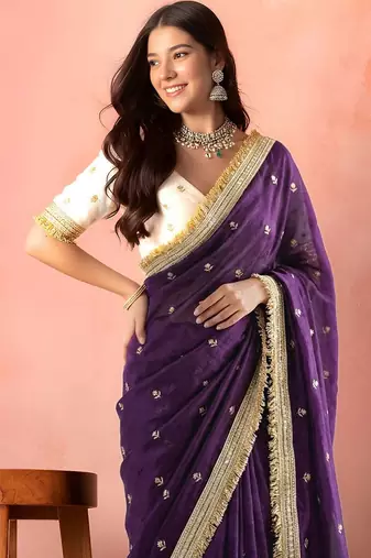 Purple embellished embroidered tissue saree