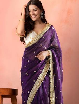 Purple embellished embroidered tissue saree 5