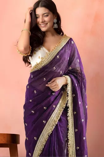 Purple embellished embroidered tissue saree