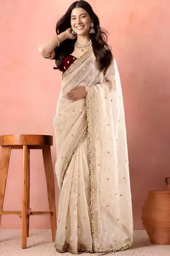 White embellished zari tissue designer saree