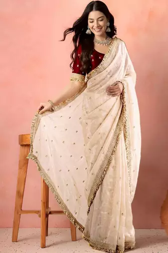 White embellished zari tissue designer saree