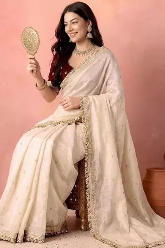 White embellished zari tissue designer saree