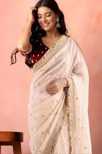 White embellished zari tissue designer saree
