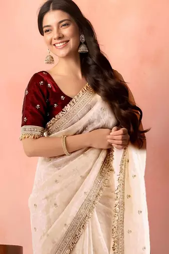White embellished zari tissue designer saree