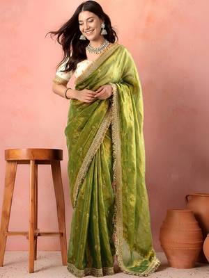 Green embellished zari tissue saree 1