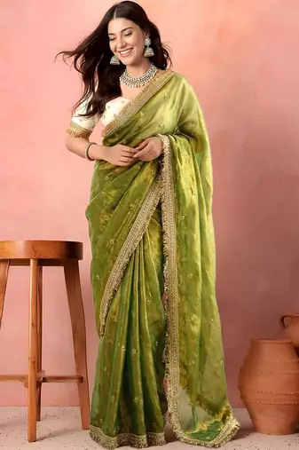 Green embellished zari tissue saree