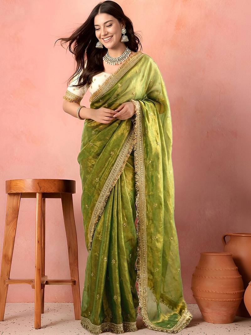 Green embellished zari tissue saree