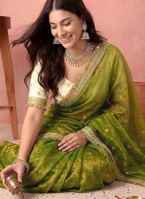 Green embellished zari tissue saree 2